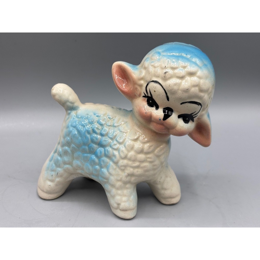 Vtg Ceramic Blue White Lamb Figurine Nursery Decor Baby Kitch